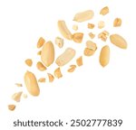 Peeled Peanuts levitating in air on white background. Isolated Falling crushed  peanuts. Peanut explosion
