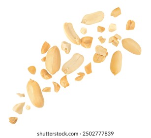 Peeled Peanuts levitating in air on white background. Isolated Falling crushed  peanuts. Peanut explosion
