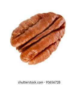 Peeled pecan nuts close up, isolated on white background