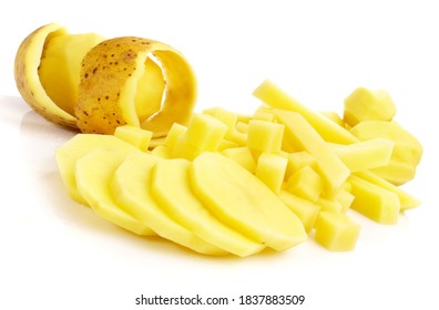 Peeled Potato in various cuts isolated on white Background - Cutting Potatoes