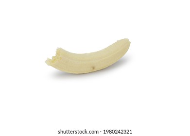 Peeled ripe banana. A piece of banana has been bitten off and teeth marks are visible on the remainder. Isolated on white background.