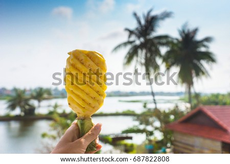 Peeled ripe pineapple in a female hand against the backdrop of a lake and coconut palms,Vietnam,Hoi An.Appetizing mature pineapple on a beautiful tropical background.Exotic fruit