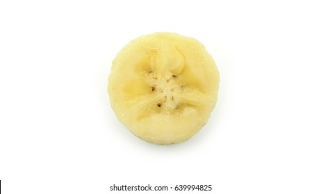 Peeled Slice Piece Ripe Yellow Cavendish Banana, Isolated On White Background, Top View