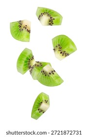 Peeled triangular kiwi slices fall through space. Isolated on white.