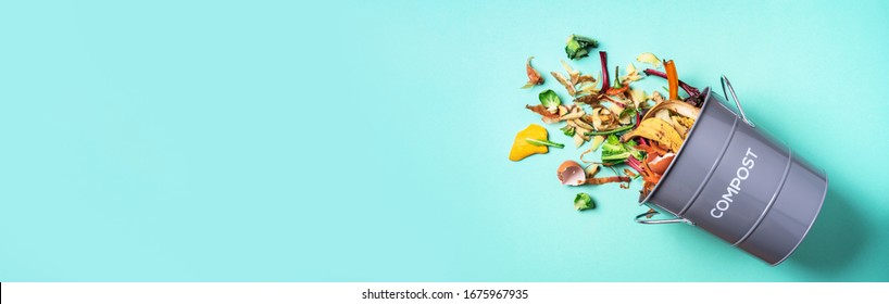 Peeled vegetables in white compost bin on blue background. Trash bin for composting with leftover from kitchen on blue background. Top view. Recycling scarps concept. Sustainable and zero waste - Shutterstock ID 1675967935