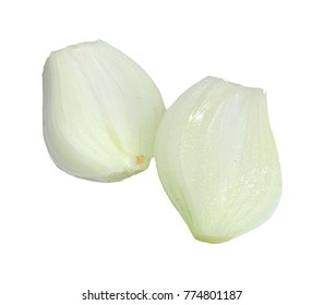 Peeled White Pearl Shiny Juicy Bulb Onion Isolated On White Background