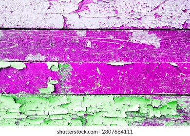 Peeling paint texture background. Weathered wooden planks with layers of distressed paint in vibrant shades of purple, pink, and bright green colors