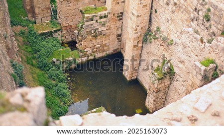 Peering down into the ancient pool of Bethseda, filled with stagnant water