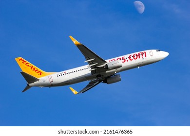 Pegasus Airlines Boeing 737 airplane take-off from Amsterdam Schiphol International Airport. The Netherlands - February 16, 2016