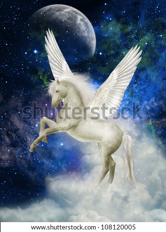 Pegasus in the sky with big clouds