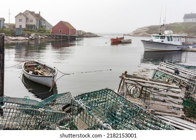 Peggy's Cove, Nova Scotia, Canada - June 19, 2017: Boats And Lobster Traps At The Famous Village On The East Coast Of Canada.