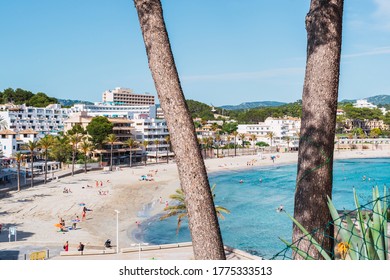 Peguera, Calvià, Mallorca, Spain - June 01 2020: Responsible Tourism After The Covid On An Almost Empty Beach In The Tourist Front Line, Seen From Above