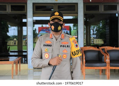 Pekalongan, Indonesia, April 13, 2021, Resort Police Chief Wearing Full Spooky And Baton