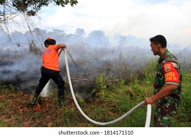 Pekanbaru, Indonesia. 15 December 2016: Firefighters Assisted By TNI Personnel To Extinguish Peatland Fires.