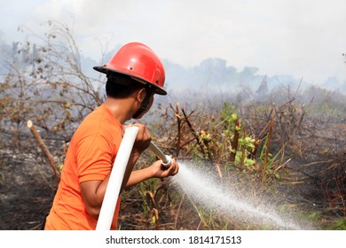 Pekanbaru, Indonesia. 15 December 2016: Firefighters Assisted By TNI Personnel To Extinguish Peatland Fires.