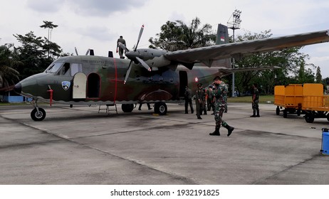 Pekanbaru, Riau, Indonesia - 09.03.2021. Preparation Of The Indonesian Air Force's Cassa 212 Series 200 Aircraft Used For Weather Modification Technology.