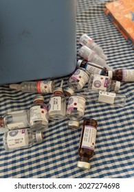 PELAIHARI, INDONESIA - AUGUST 19, 2021: A Collection Of Empty Vaccine Vials After Being Injected Into The Patient