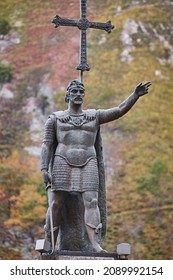 Pelayo King Statue In Covadonga Village. Reconquista Time. Asturias, Spain