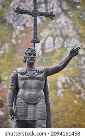 Pelayo King Statue In Covadonga Village. Reconquista Time. Asturias, Spain