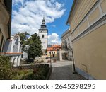 Pelhrimov Masaryk Square and city center with church lookout tower,Vysocina region,Bohemia, Czech Republic