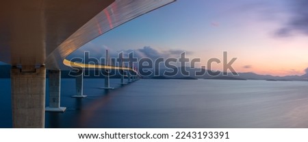 Peljesac Bridge, Croatia. Panoramic image of beautiful modern multi-span cable-stayed Peljesac Bridge over the sea in Dubrovnik-Neretva County, Croatia at sunset.