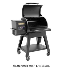 Pellet BBQ Grill Isolated On White. Portable Wood Fired BBQ Grillware. Major Outdoor Kitchen Appliances. Outdoor Cooking Station. Side Front Viev Black Charcoal Barbecue Grill. Outdoor Grill Table