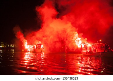 PELOPONNESE, GREECE- MAY 6: The ritual burning of Judas Iscariot at sea during the Orthodox Easter, May 6, 2013 in Peloponnese, Greece.