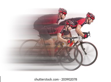 Peloton Of Cyclists Sprints To The Finish Isolated On White Background. Group Of Cyclists In A Hurry To Finish. Bikers Sprinting With Blurred Background Motion. Speeding Cycling Team. Race Road Bike. 