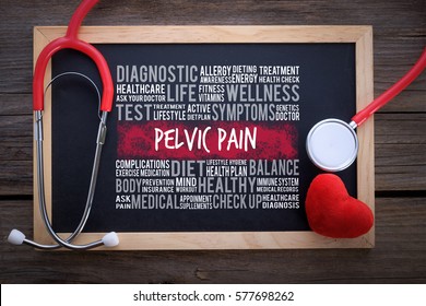 Pelvic Pain General Health Word Cloud On Chalkboard With Stethoscope, Health / Medical Concept.