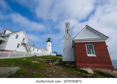 Pemaquid, Maine, USA-October 6, 2021: Pemaquid light lighthouse on the rocky coast of Maine with ocean views