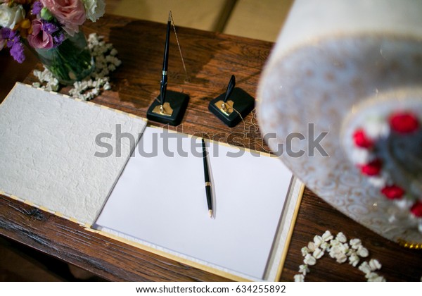 Pen Book Wishes Near Gift Box Stock Photo Edit Now 634255892