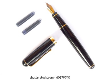 pen and cartridges on white background