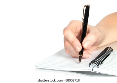 Pen In Hand Writing On The Notebook And Reflection Isolated On White