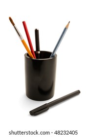 Pen, Marker, Paintbrush And Pencils In Pencil Holder Isolated On White