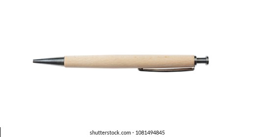 Pen Or Mechanical Pencil From Natural Wood Isolated On White Background, Top View