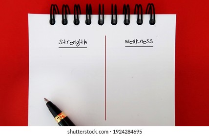 Pen on note book with text written STRENGTH and WEAKNESS - concept of making personal defined lists of strong and weak points for a job interview or self improvement - Shutterstock ID 1924284695