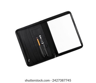 Pen with pencil in notebook isolated on white background