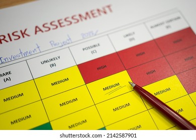 A Pen Is Placed On Paper With Marked On Medium Level Of The Project Risk Assessment Evaluation Form. Business And Finance Concept Photo. Selective Focus.