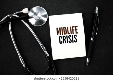 pen and stethoscope and paper with the word midlife crisis. period of transition in life where someone struggles with their identity and self-confidence - Powered by Shutterstock