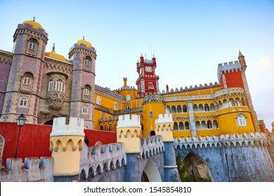 Pena Palace In Sintra, Lisbon, Portugal. Famous Landmark. Most Beautiful Castles In Europe