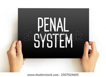 Penal System - network of agencies that administer a jurisdiction's prisons, and community-based programs like parole, and probation boards, text concept on card