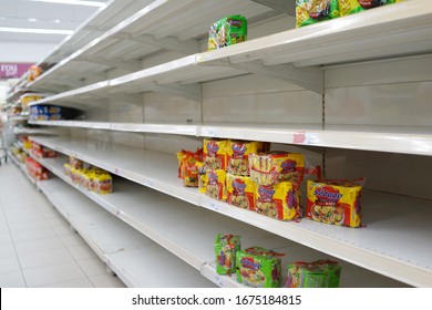 PENANG, MALAYSIA - 16 MAR 2020: View Of Empty Shelves In A Grocery Store. Many Shops Are Low On Goods Due Dangerous Threat Of The Coronavirus.