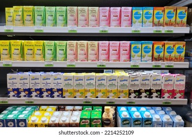 PENANG, MALAYSIA - 16 SEP 2022: Huge Open Fridge With Various Choice Beverages In CU Convenience Store. CU Is A South Korean Convenience Store Chain That Is Operated And Owned By BGF Retail.