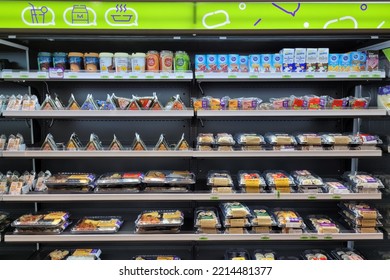 PENANG, MALAYSIA - 16 SEP 2022: Huge Open Fridge With Various Choice Foods In CU Convenience Store. CU Is A South Korean Convenience Store Chain That Is Operated And Owned By BGF Retail.