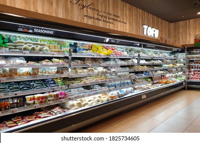 PENANG, MALAYSIA - 17 SEP 2020: View Of Huge Refrigertator With Various Fresh Foods In AEON Grocery Stores. AEON Group Is A Group Of Retail And Financial Services Companies Based In Chiba, Japan.