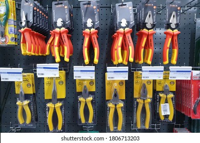 PENANG, MALAYSIA - 18 AUG 2020: Various choice of hardware tools display in HomePro store. HomePro is a hypermarket of home product and building construction in Malaysia. 