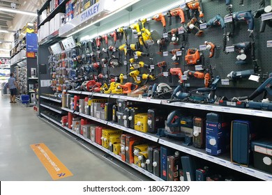 PENANG, MALAYSIA - 18 AUG 2020: Various choice of hardware tools display in HomePro store. HomePro is a hypermarket of home product and building construction in Malaysia. 