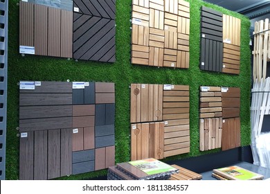 PENANG, MALAYSIA - 18 AUG 2020: Close-up modern wood floor decking display in the HomePro Penang. HomePro is a hypermarket of home electrical product, furniture and building construction in Malaysia. 