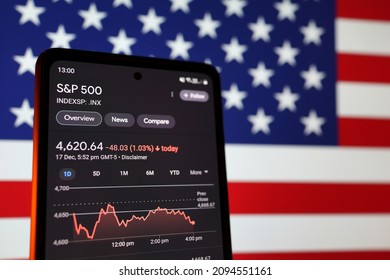 PENANG, MALAYSIA - 18 DEC 2021: The Standard and Poor's 500 "SP 500" stock index is seen on smartphone screen. It is a stock market index tracking the performance of 500 large companies listed in US.