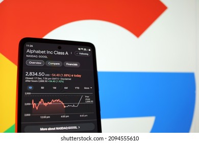 PENANG, MALAYSIA - 18 DEC 2021: Alphabet Inc. stock index and logo seen on display screen. It is an American multinational technology conglomerate holding company headquartered in California